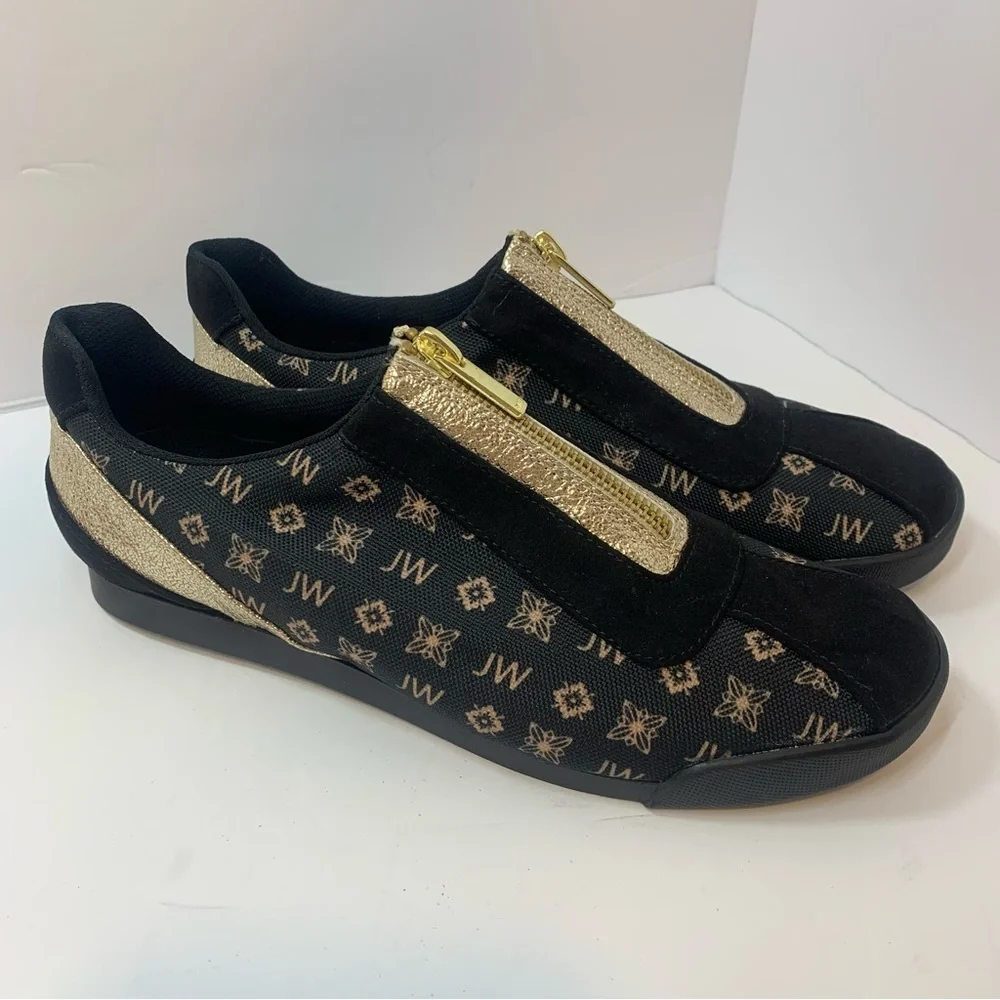 The Bradford Exchange Black Gold‎ Zip Sneakers Women’s Size 7.5 Monogram Slip-On